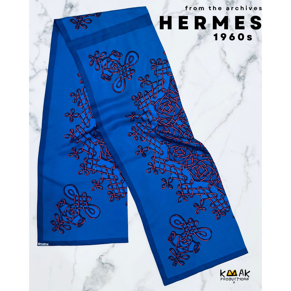 HERMÈS "VinciI" 1960s Blue/Red Silk Scarf by F. Heron